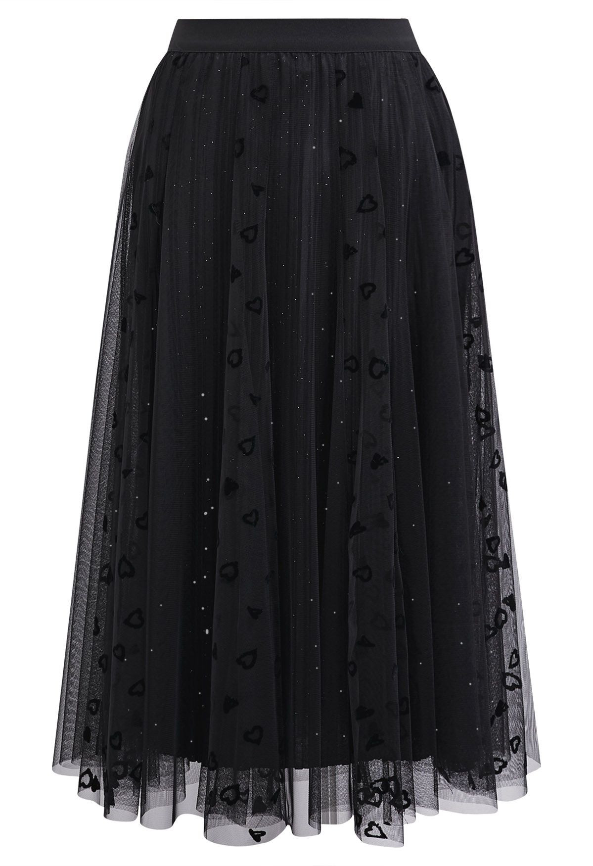 Velvet Heart Shimmer Pleated Tulle Midi Skirt in Black | Chicwish