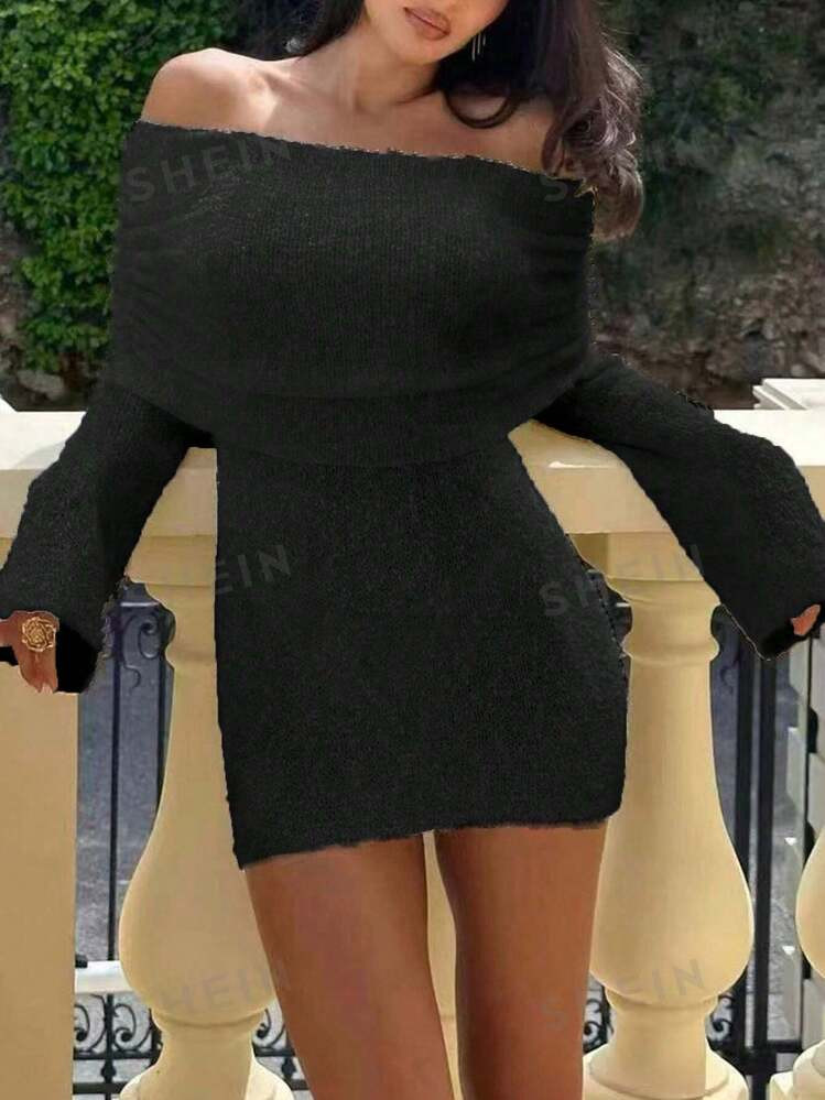 SHEIN Essnce Robe en tricot simple mais élégante à manches longues et épaules dénudées, cou... | SHEIN