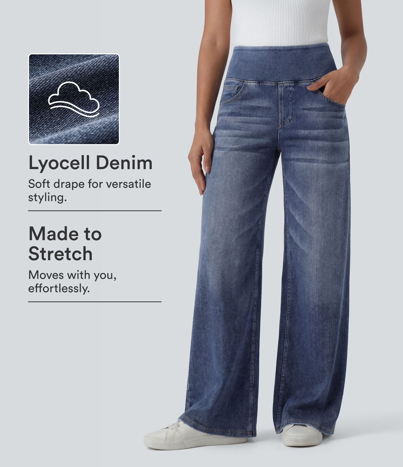 Halara Flex\u2122 Mid Rise Draped Lyocell Washed Casual Baggy Wide Leg Jeans with Pockets | HALARA