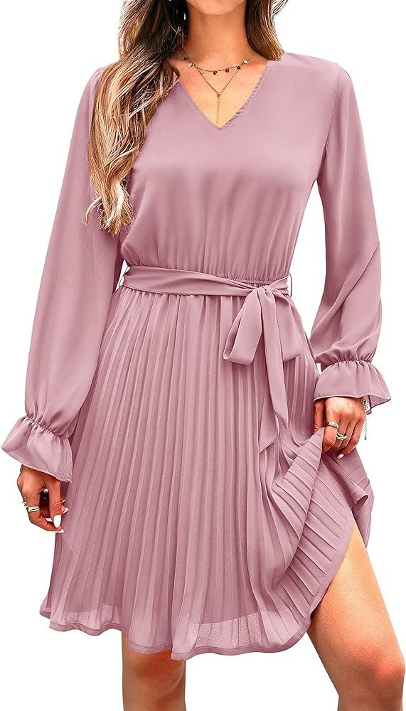 PRETTYGARDEN Women's Casual Spring Fall Dresses Long Puff Sleeve V Neck Pleated Ruffle Flowy Belt... | Amazon (US)