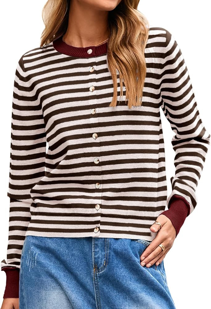 Glamaker Women's Striped Fall Cardigan Sweater Cropped Button Down Knit Long Sleeve Crewneck Fash... | Amazon (US)