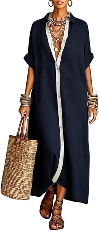 chouyatou Women's Contrast Color Button Down Shirt Dress Short Sleeve Cotton Linen Casual Loose B... | Amazon (US)
