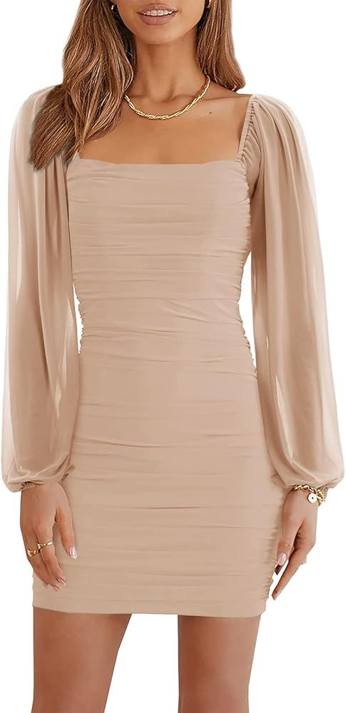 Wenrine Women's Mesh Long Sleeve Square Neck Ruched Party Club Cocktail Bodycon Mini Dress | Amazon (US)