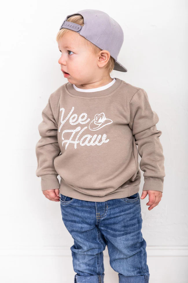 Yee Haw Script Kids Super Soft Fleece Tan Graphic Sweatshirt | Pink Lily