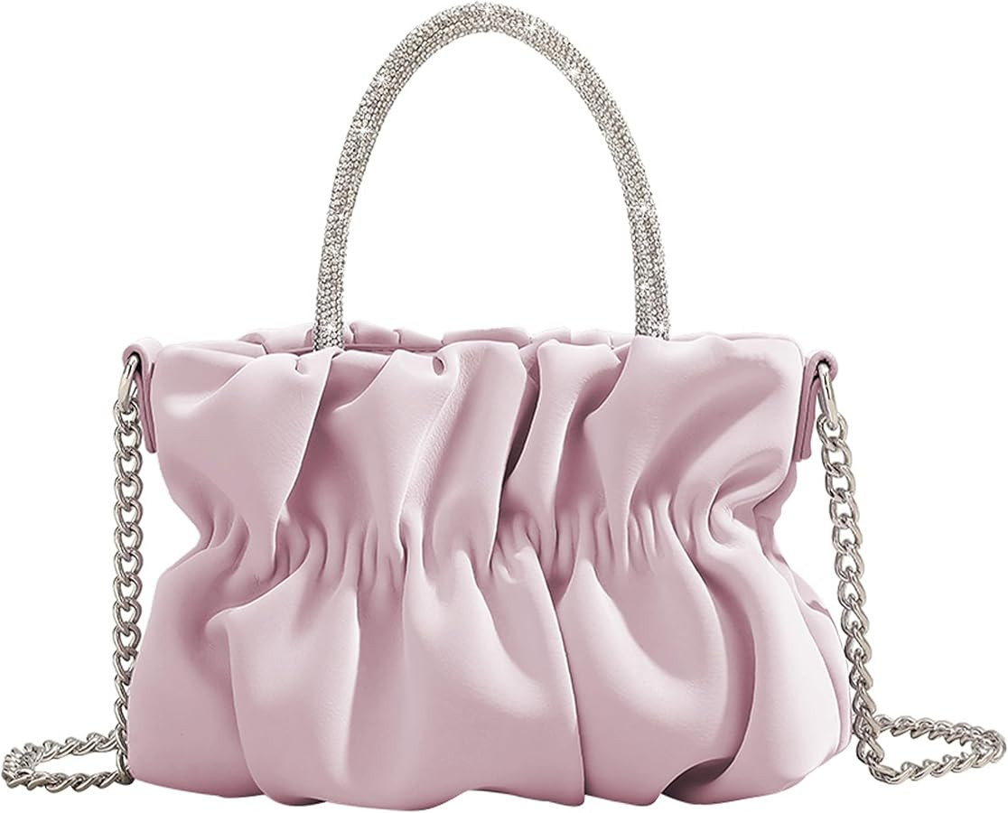Women Evening Purse Handbags Rhinestone Handle Soft Leather Ruched Bag Bridal Clutch Wedding Part... | Amazon (US)