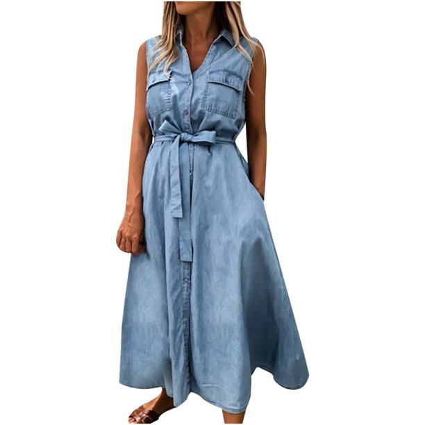Maxi Dresses for Women Women Casual Solid Sleeveless Frenulum Denim Jacket Jean Long Dresses | Walmart (US)