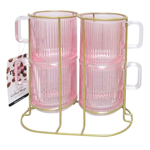 Pink Mug Set 4Pc With Rack 12Oz At Home, Glass | At Home
