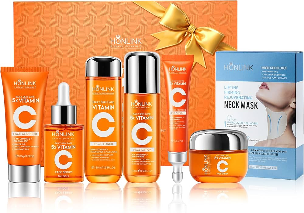 Face set + Neck Mask(8PCS each pack)，Glown 6-Piece Hydrating Skincare Set with Vitamin C & Niac... | Amazon (US)