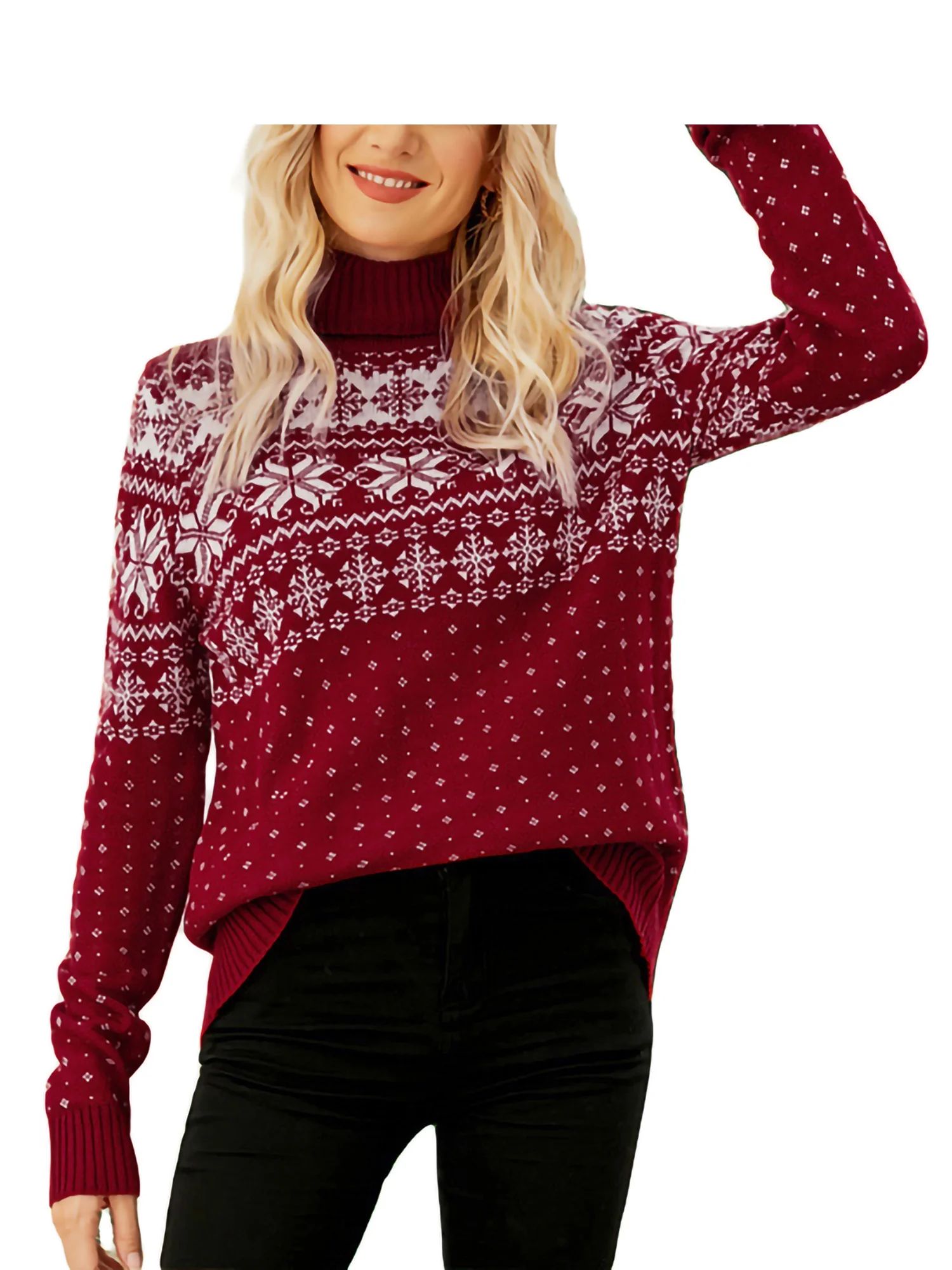 Gwiyeopda Women Long Sleeves Knit Sweater Turtleneck Christmas Snowflake Loose Pullover Top | Walmart (US)