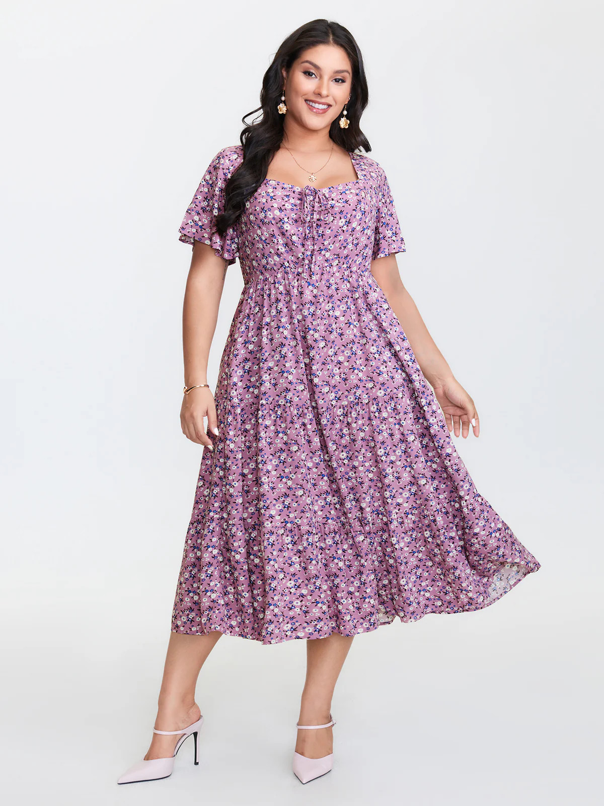 Ditsy Floral Sweetheart Drawstring Pocket Tiered Dress | Bloomchic