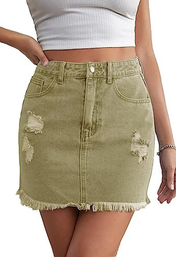HERBATOMIA Women’s Jean Stretchy Bodycon Skirt High Waist Mini Pencil Casual Short Washed Frayed Green Denim Skirts with Pocket for Women | Amazon (US)
