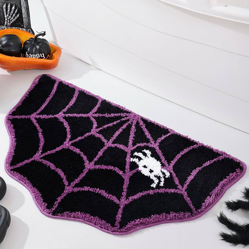 TRUEDAYS Halloween Decor Spider Web Bath Mat for Bathroom, Cute Purple Halloween Decoration Half Cir | Amazon (US)