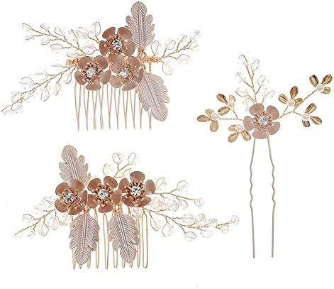 3Pack Bridal Flower Leaves Hair Comb Hair Pins Accessories Gold Color Wedding Combs&Clip Set Side... | Amazon (US)