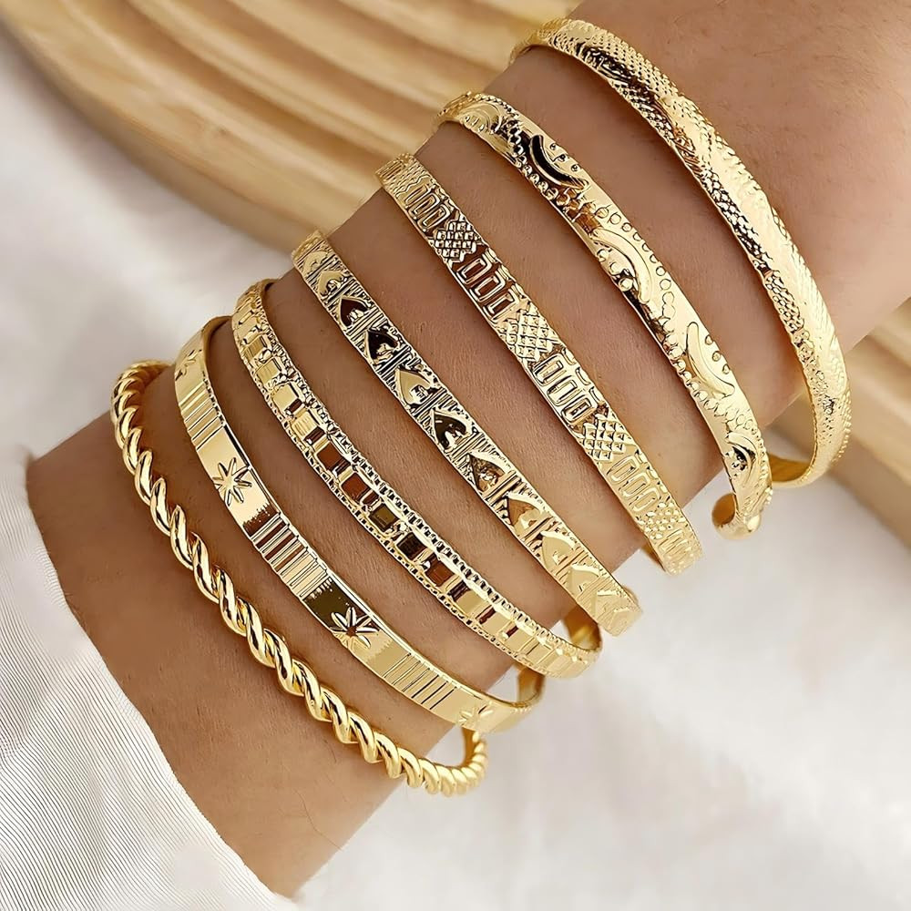 Gold Bangle Bracelet, 7 Pcs Gold Plated Dainty Layered Chain, 14K Layer Stackable Cuff Bracelet S... | Amazon (US)