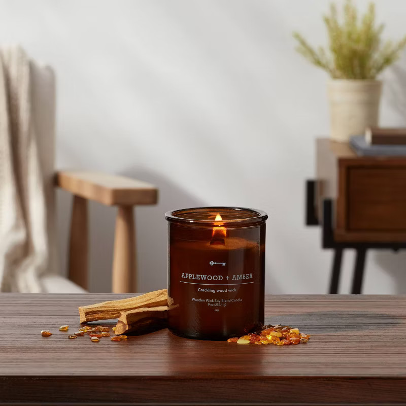 Lidded Glass Jar Crackling Wooden Wick Candle Applewood and Amber - Threshold™ | Target