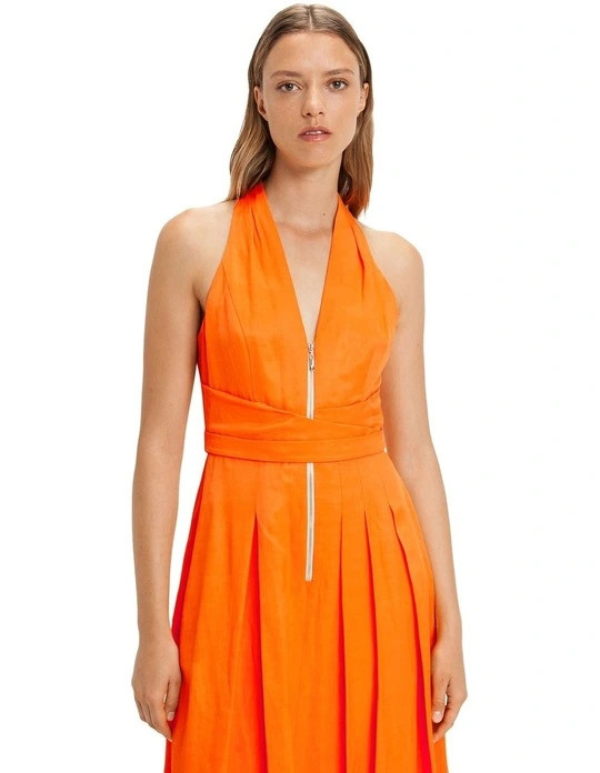 Zip Front Halter Neck Midi Dress in Tangerine | Myer