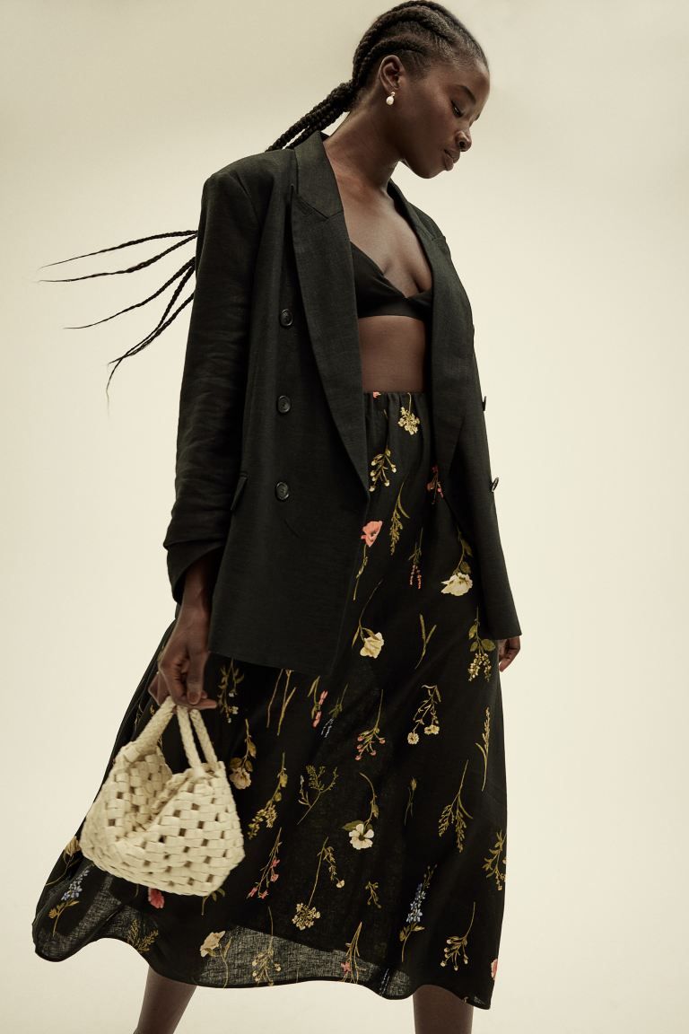 Linen-blend Maxi Skirt - High waist - Maxi - Black/floral - Ladies | H&M US | H&M (US + CA)