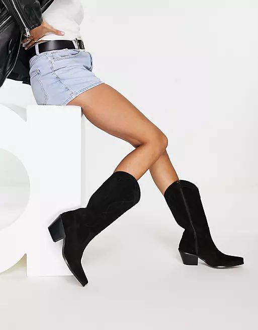 ASOS DESIGN Cactus premium suede western knee boots in black | ASOS (Global)