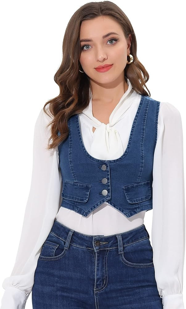 Allegra K Denim Vintage Crop Jacket for Women's Sleeveless Button Up Jean Waistcoat Vest | Amazon (US)
