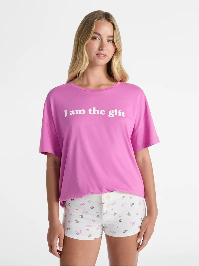 No Boundaries Sleepwear Cotton Tee and Boxer Shorts Set, 2-Piece, Women’s | Walmart (US)