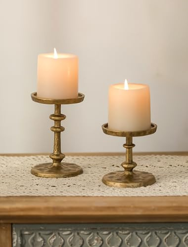 NUPTIO Gold Candle Holders for Pillar: Antique Brass Cast Iron Candleholder for 3 Inch Pillars -Heavy Metal Candle Stand for Christmas Party Table Decor | Amazon (US)