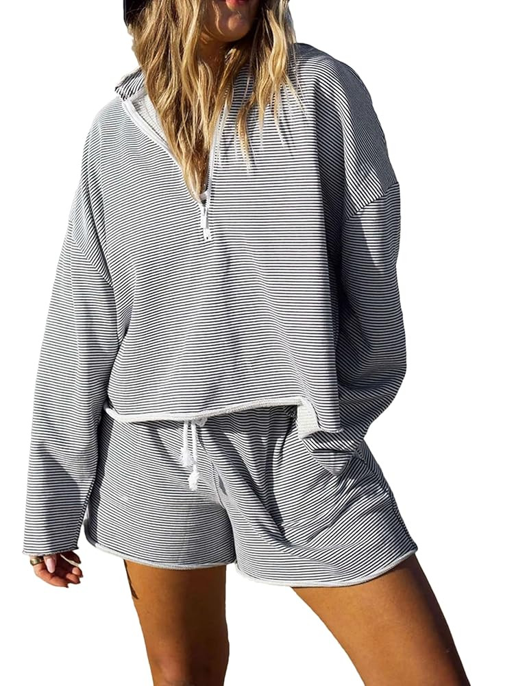 Bozanly Women's 2 Piece Outfits Casual Quarter Zip Long Sleeve Pullover and Drawstring Shorts Lou... | Amazon (US)