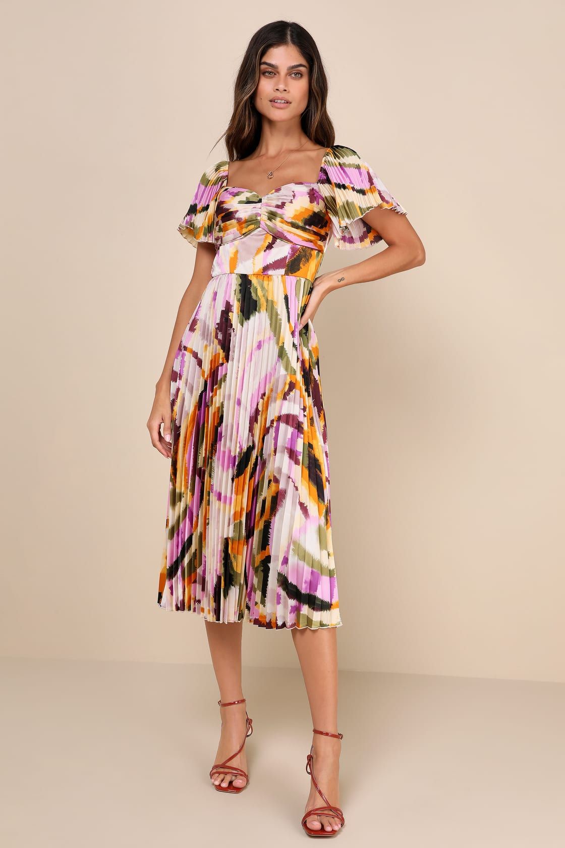Authentically Yours Cream Multi Abstract Print Satin Midi Dress | Lulus