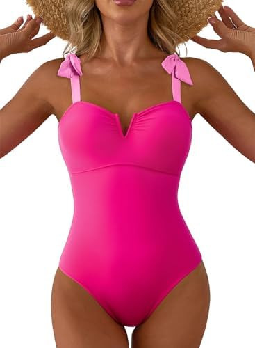 Aleumdr Women's One Piece Swimsuits Tummy Control Bathing Suits V Neck Boho Tie Shoulder Ruched F... | Amazon (US)