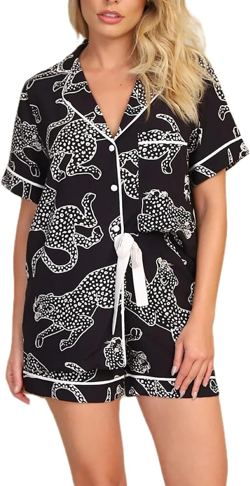 Women Cute Animal Print Pajama Set Short Sleeve Button Down Shirt Lounge Shorts Set Y2k Cartoon 2... | Amazon (US)