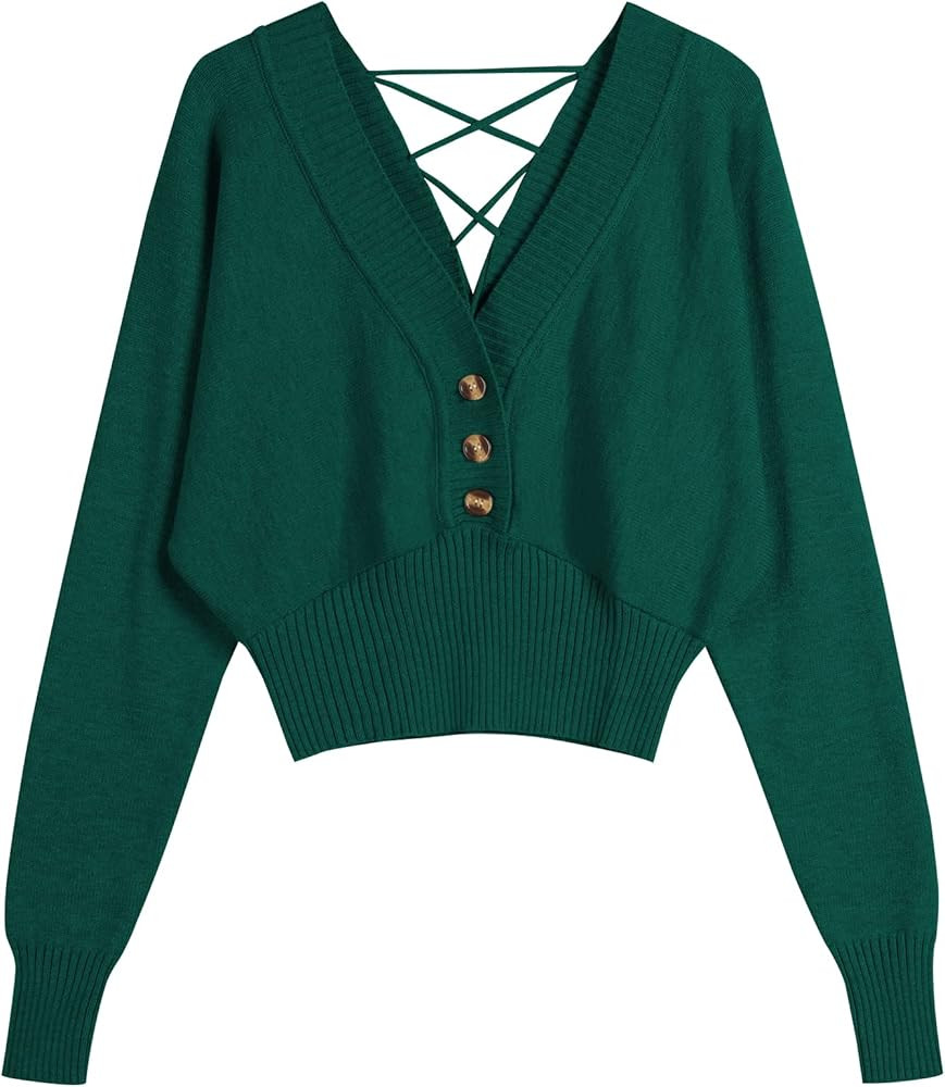 ZAFUL Women V Neck Button Knit Crop Sweaters Batwing Sleeve V Back Ribbed Hem Pullover Sweater | Amazon (US)