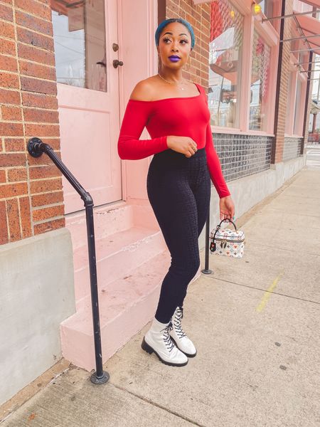Winter outfit that can be layered: red bodysuit, black leggings, Louis Vuitton vanity pm, Louis Vuitton bag, combat boots, white boots, off the shoulder 


#LTKstyletip #LTKsalealert #LTKitbag