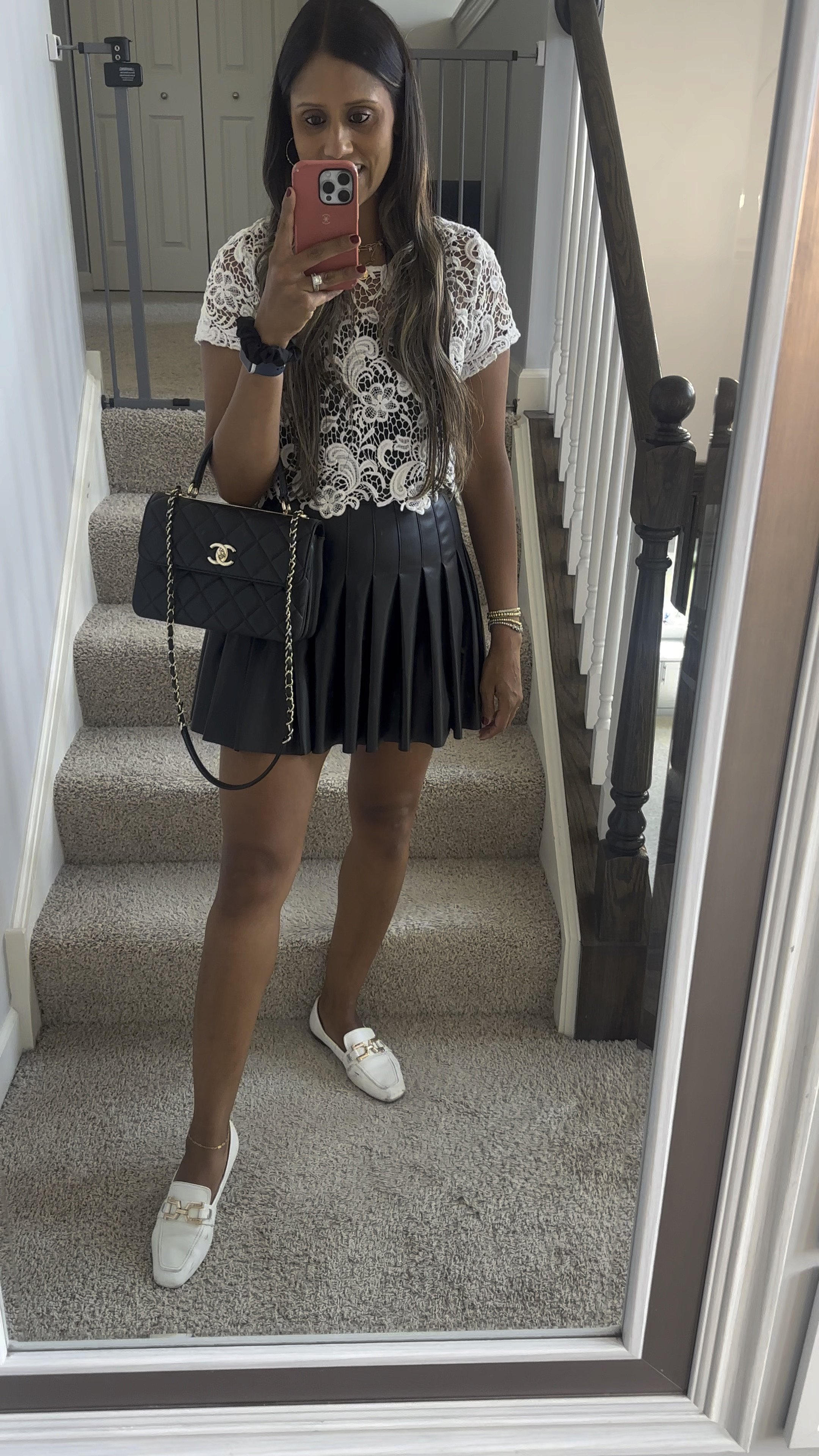 Black and white and love all things pleather! Paired it with my tank and this cute lace top that I have had forever! Great date night or girls night outfit 

#LTKStyleTip #LTKVideo #LTKFindsUnder50