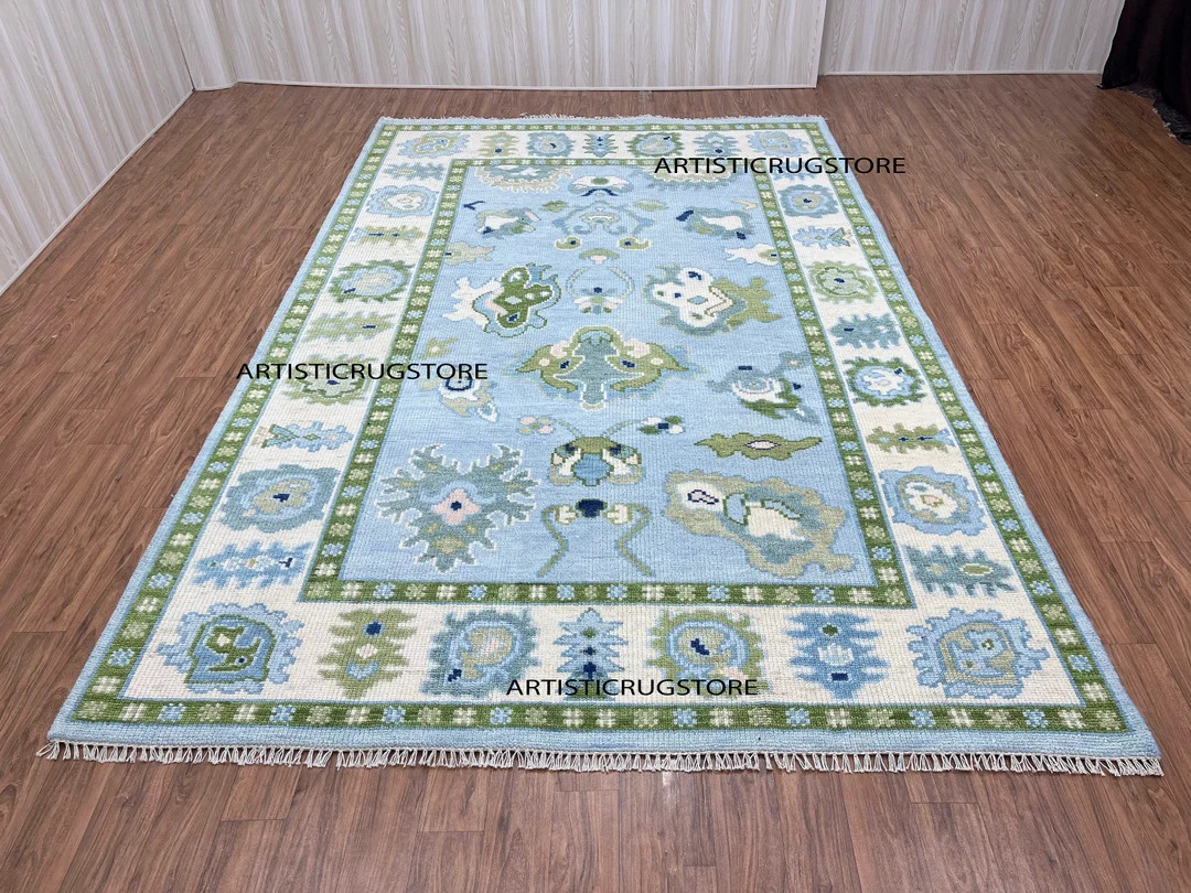 8x10 Blue and Green Designer Oushak Rug, Oushak Rug With Ivory, Olive Green & Light Pink Motifs: ... | Etsy (US)