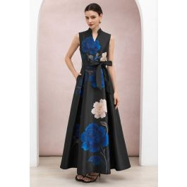 Regal Peony Print Tie-Waist Sleeveless Maxi Dress in Black for Exclusive Celebrations & Corporate... | Chicwish