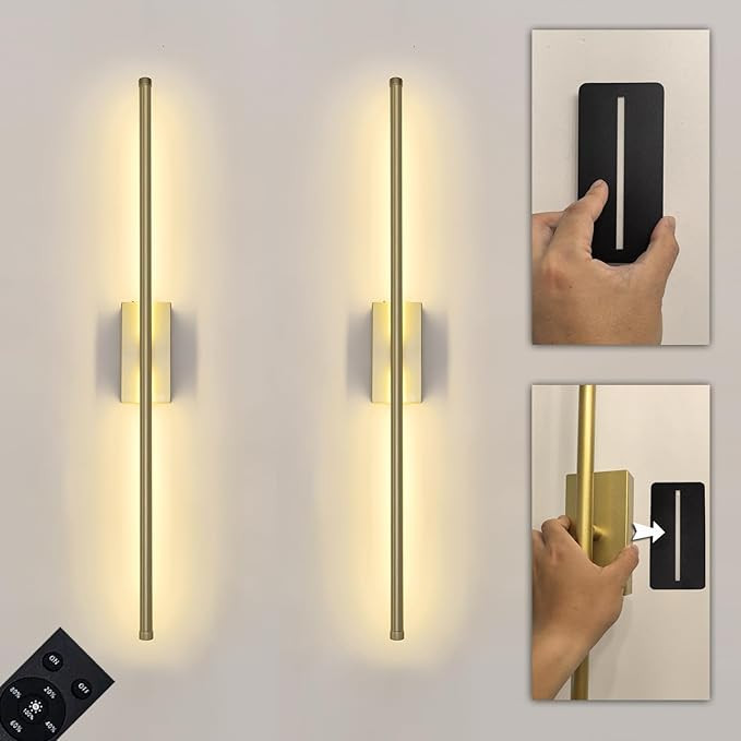 Set of 2 Battery Powered Linear Tube Rechargeable Gold Wall Sconce, Modern Decor Peel and Stick o... | Amazon (US)