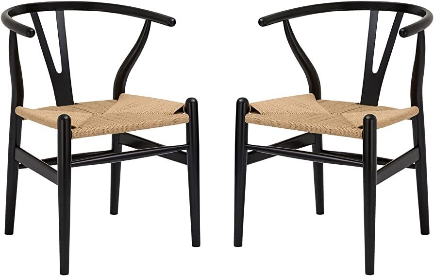 Poly and Bark Weave Modern Wooden Mid-Century Dining Chair, Hemp Seat, Black (Set of 2) | Amazon (US)