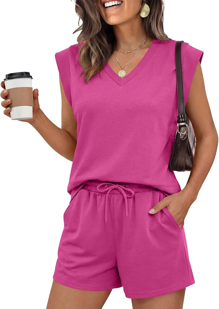 ANRABESS Womens 2 Piece Short Sets 2026 Summer Casual Cap Sleeve Shirts Matching Lounge Outfits T... | Amazon (US)