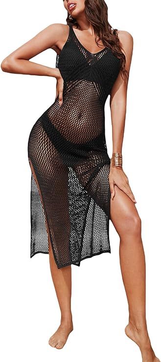 SheIn Women's Crochet Hollow Out Cover Up Dress Sleeveless Knitted Mini Beach Dresses Swimwear | Amazon (US)