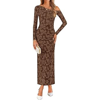 ZESICA Women's Fall Floral Off Shoulder Wedding Guest Dresses | 2026 Long Sleeve Bodycon Maxi Dre... | Amazon (US)