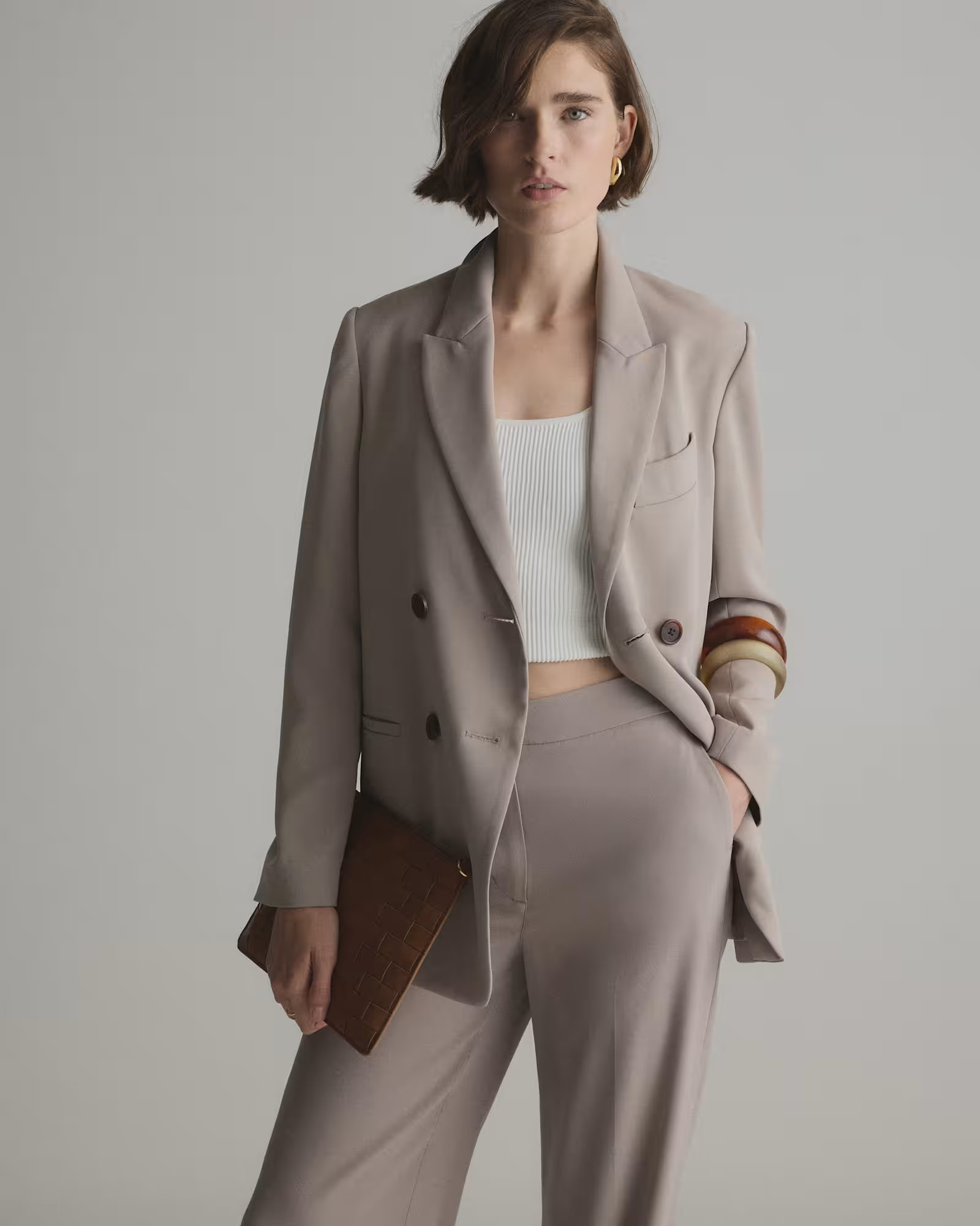 Stretch Crepe Double-Breasted Blazer in Morel | Quince