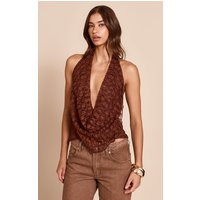 Chocolate Textured Lace Halter Neck Top | PrettyLittleThing US