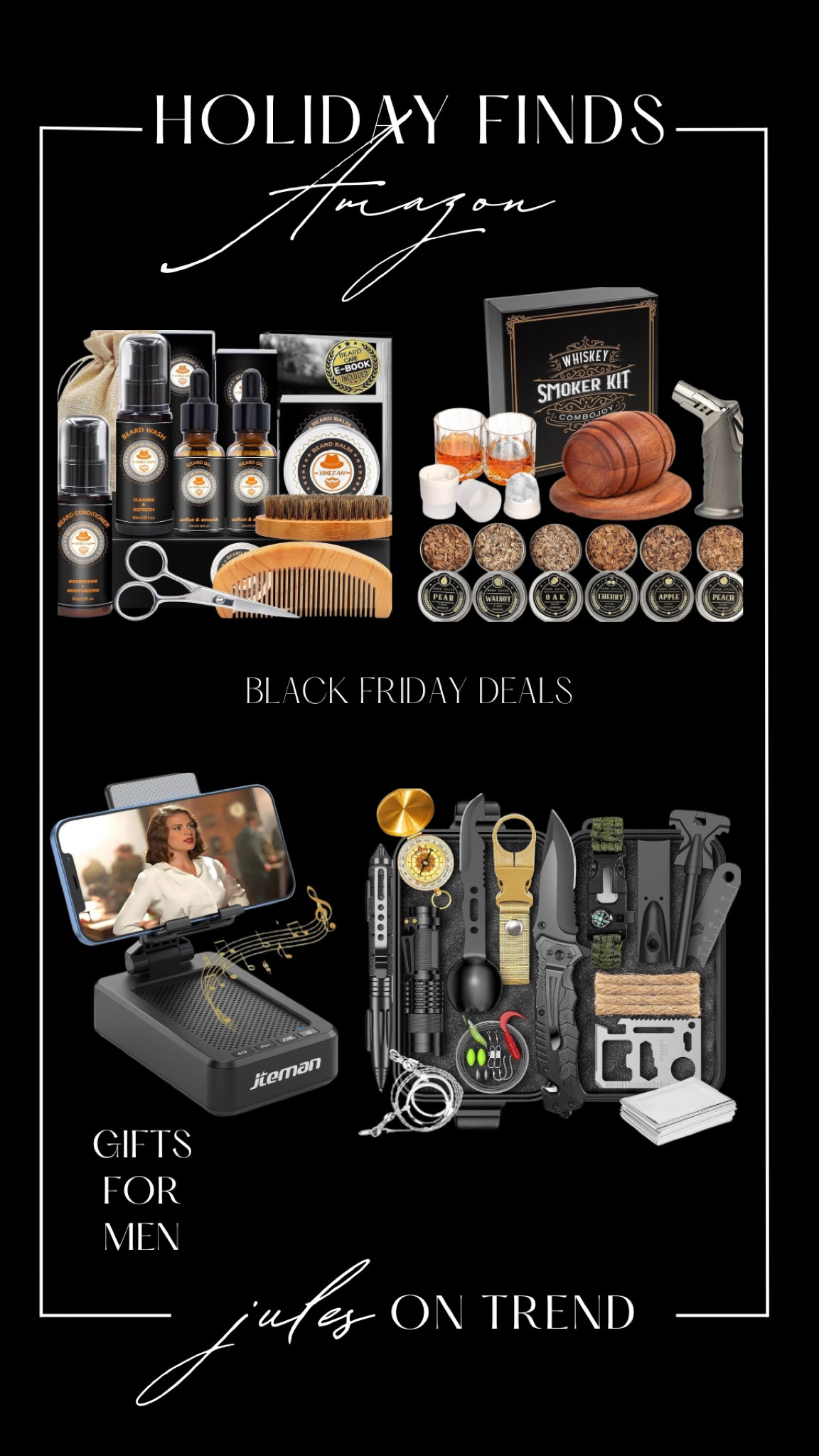 Affordable Gifts for Him. Beard kits, smoke kits for cocktails, Bluetooth speakers with phone holder and survival kits (knife kits). Gifts $14-50.  Black Friday Deals!

#LTKFindsUnder50 #LTKHoliday #LTKGiftGuide