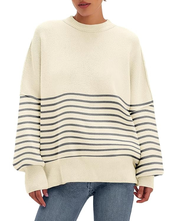 Womens Crewneck Batwing Long Sleeve Sweaters Fall 2025 Oversized Side Slit Ribbed Knit Sweaters P... | Amazon (US)