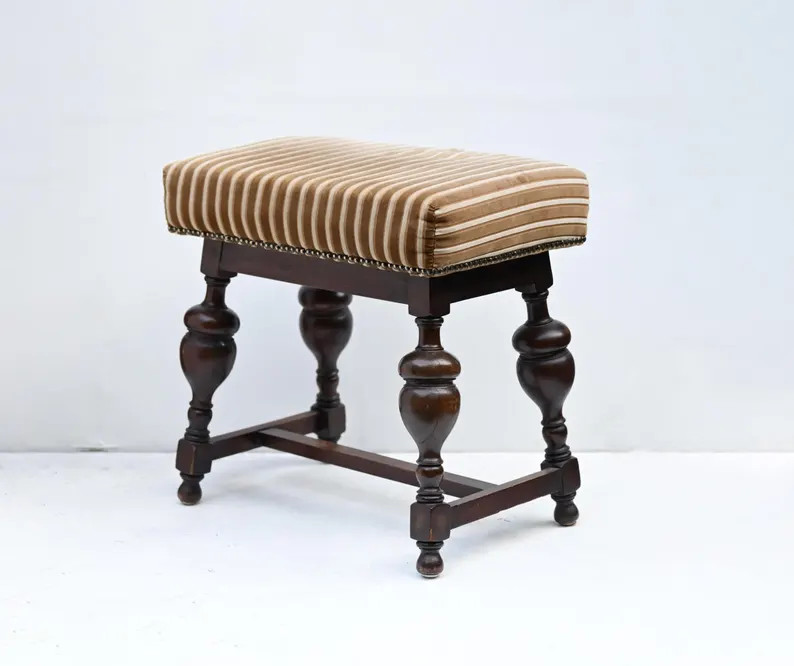 Antique Wooden Stool With Velvet Upholstery | Classic Striped Bench |vintage Style Home Decor. - ... | Etsy (US)