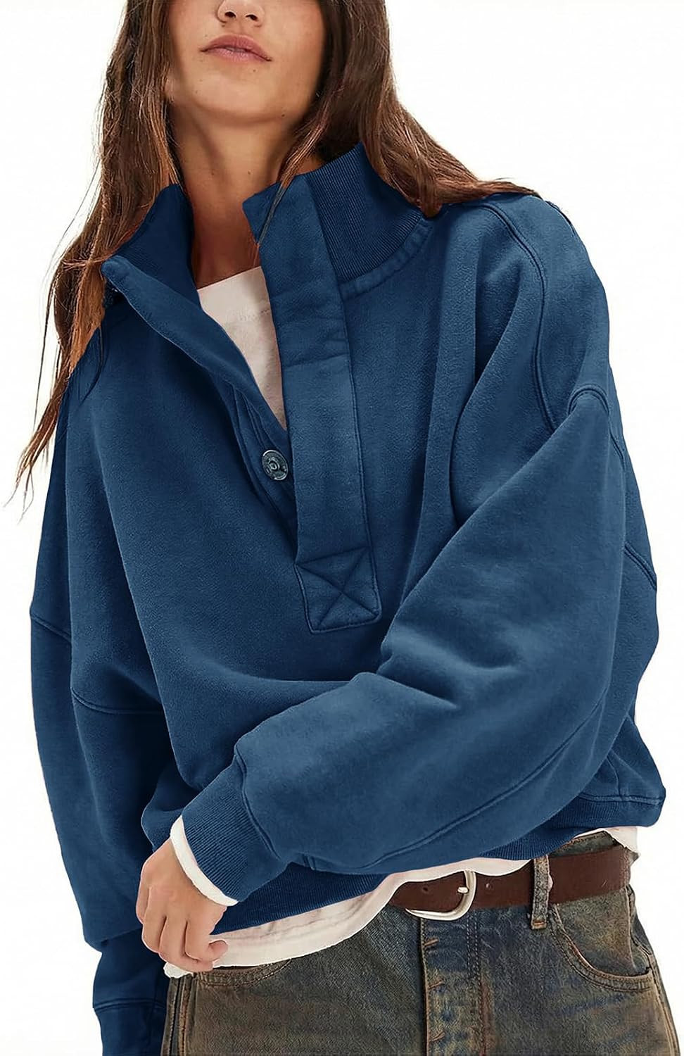 Gnveub Sweatshirt for Women Oversized Henley Neck Long Sleeve Button Pullover Tops Trendy Outfits Clothes | Amazon (US)