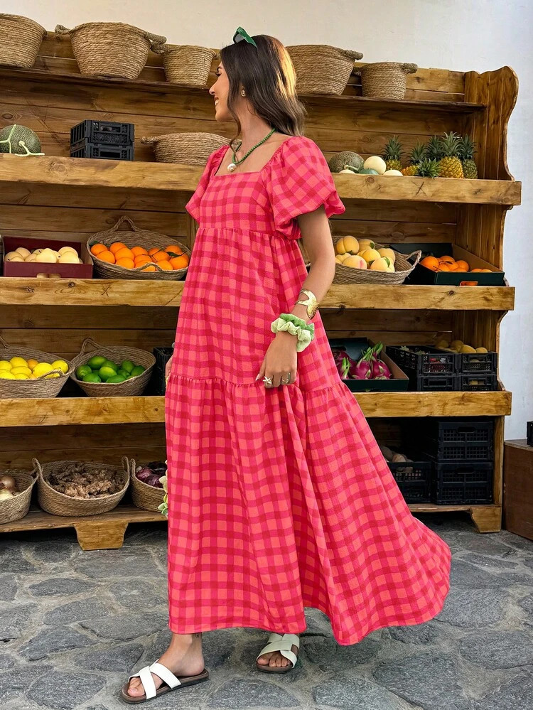 Flora Isola Flora Isola Women's Plaid Square Neck Puff Sleeve Maxi Dress,Retro Bohemian Style For... | SHEIN