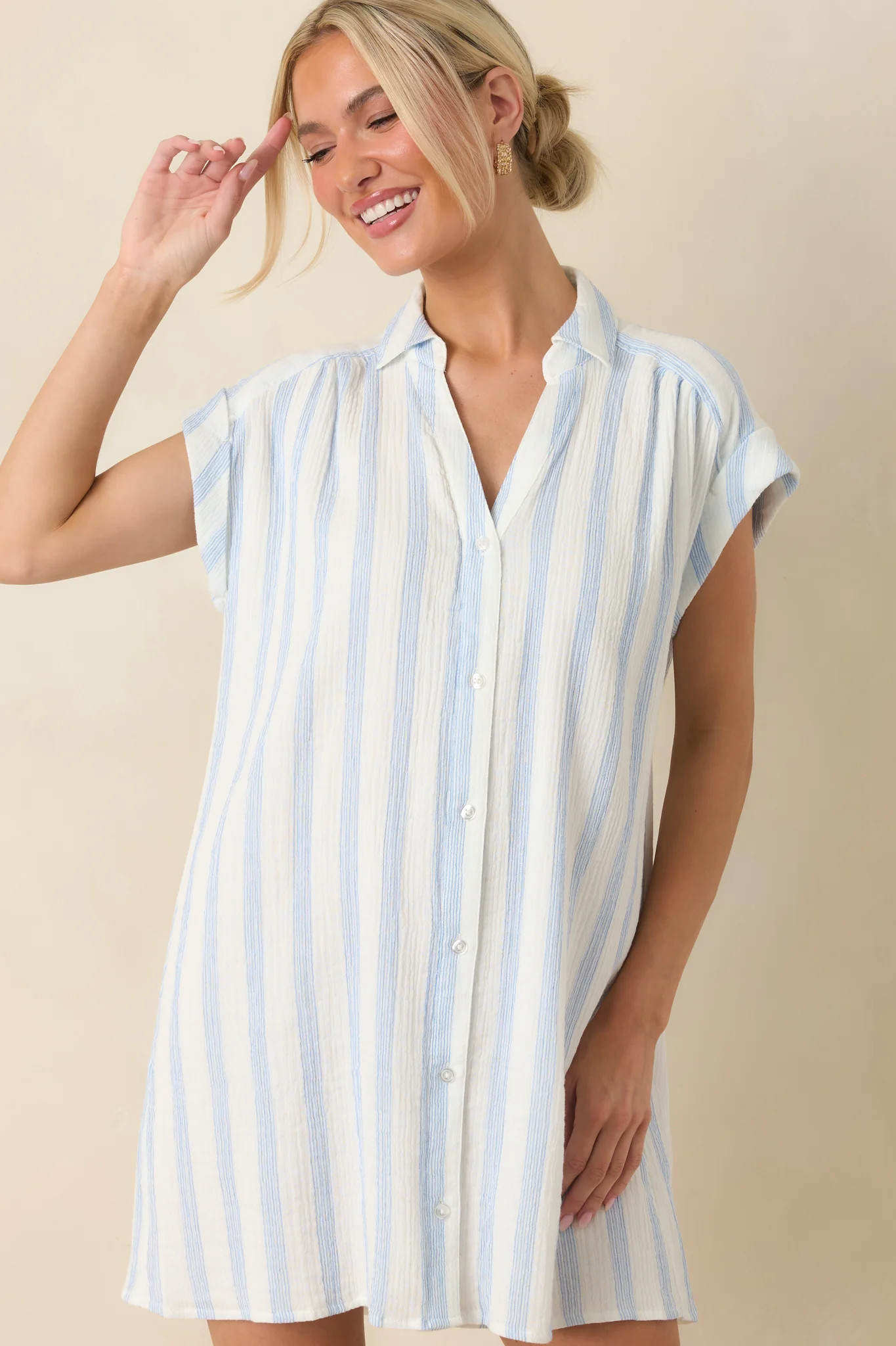 Z Supply Shellbound Ivory & Blue Stripe Cotton Mini Dress | Red Dress