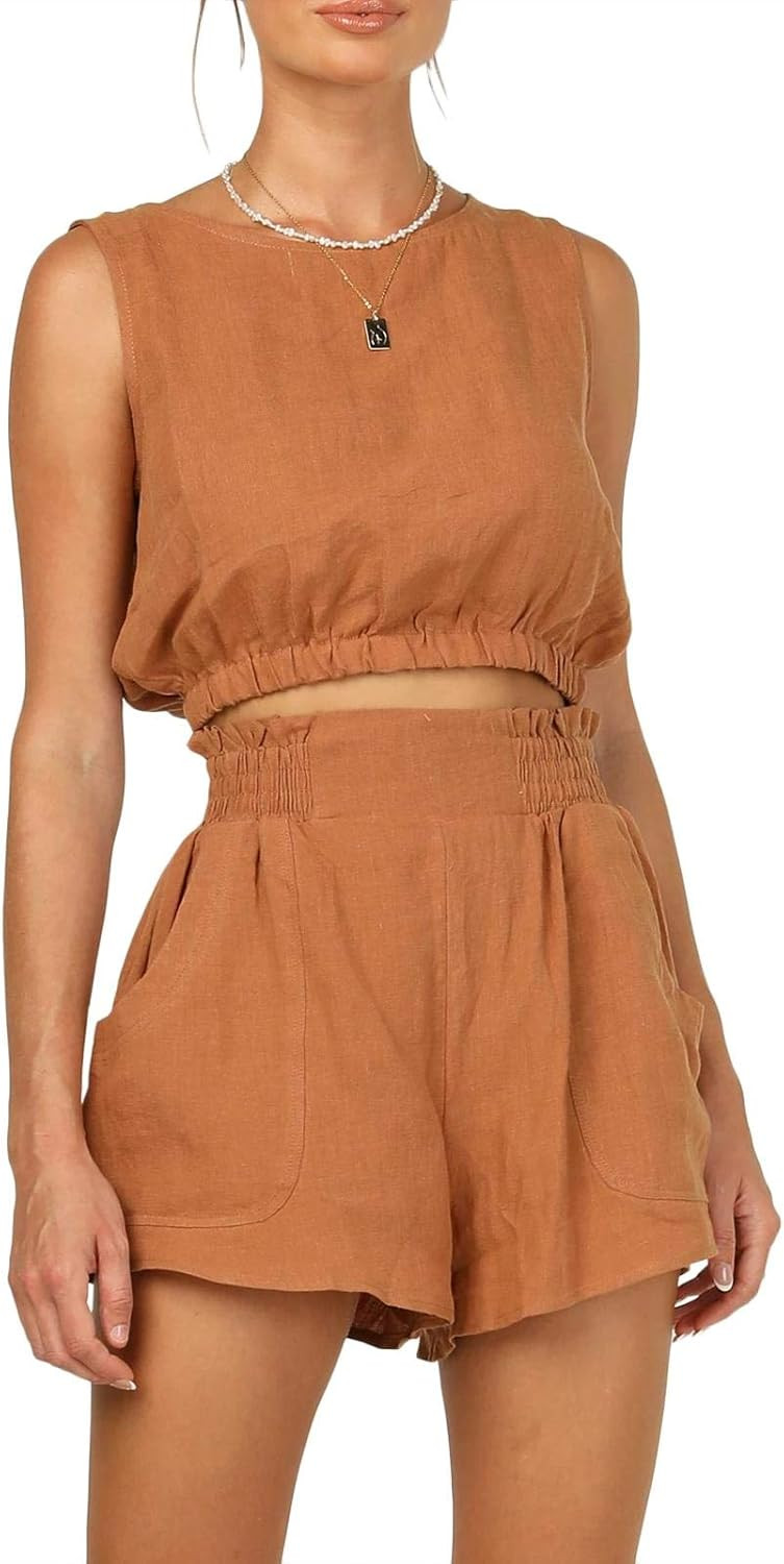 Eurivicy Women's 2 Piece Outfits Sleeveless Crop Tank Top and High Waist Pocketed Shorts Loose Su... | Amazon (US)
