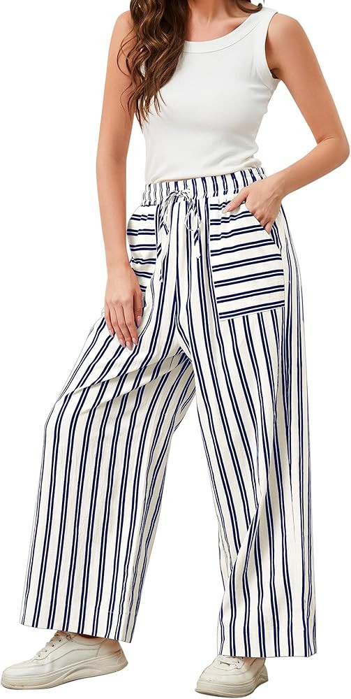 Womens Wide Leg Striped Pants Loose Fit Drawstring Comfy High Waist Striped Lounge Pants with Poc... | Amazon (US)