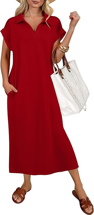 ANRABESS Womens Summer Casual Midi Dresses Short Sleeve Polo V Neck Loose Split Wrinkle-Free Beac... | Amazon (US)